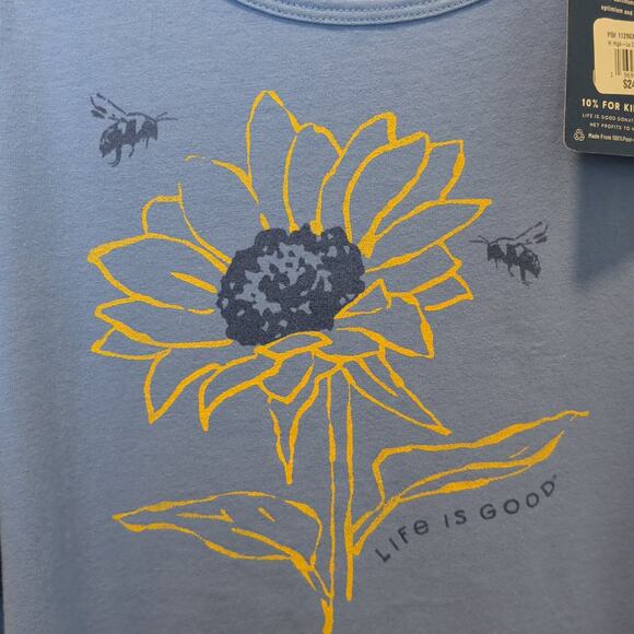 NWT Life is Good Women's Sz L Blue Crusher Lite Tank Top Sunflower Bee Loose Fit - Picture 2 of 5